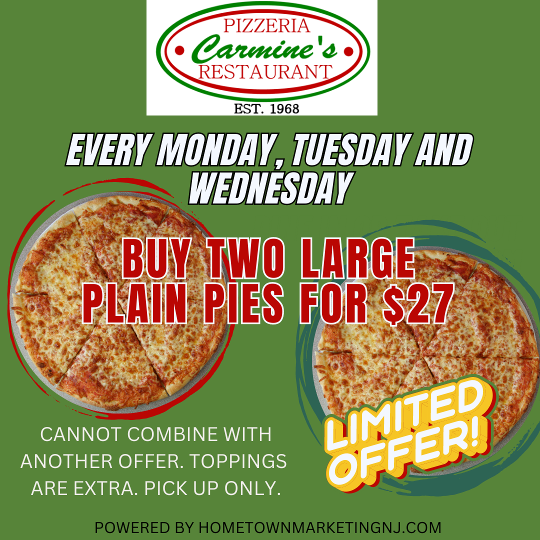 Carmines  Two Pizzas for $27